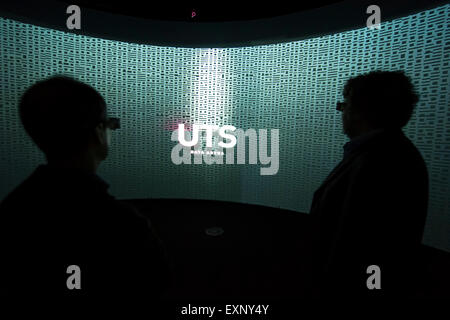 Sydney, Australia. 16th July, 2015. The University of Technology Sydney’s new Data Arena opens for the media in the UTS’s engineering and IT building on July 16, 2015 in Sydney, Australia.   The Data Arena is a 360-degree 3D interactive data visualisation facility where viewers stand in the middle of a large cylindrical screen, four metres high and ten metres in diameter. Credit:  MediaServicesAP/Alamy Live News