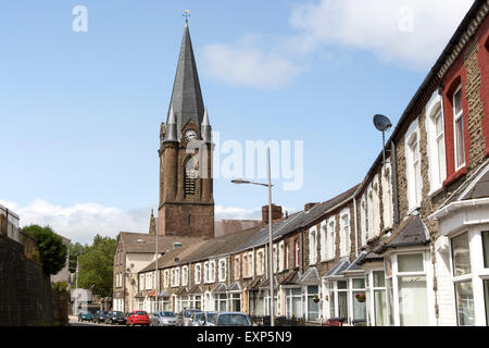 Christ Church and crescent of terraced housing, Ebbw Vale, Blaenau Gwent, South Wales, UK Stock Photo