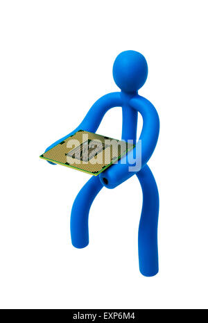 Blue rubber man keeps the processor isolated on white background Stock Photo