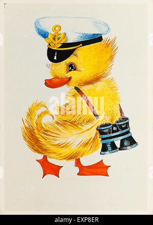 USSR - CIRCA 1989: Reproduction of antique postcard shows duckling with sea cap and binoculars (painter L. Manilova) Stock Photo