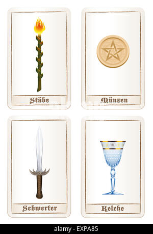 Tarot card colors or elements - suit of wands, suit of pentacles, suit of swords and suit of cups. GERMAN LABELING!