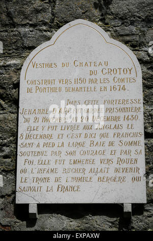 A plaque to the memory of Joan of Arc who was imprisoned here in 1430 before her trial Stock Photo