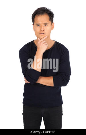 Handsome man doing different expressions in different sets of clothes: worried Stock Photo