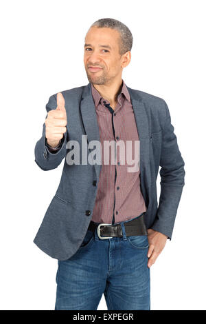 Handsome man doing different expressions in different sets of clothes: thumbs up Stock Photo