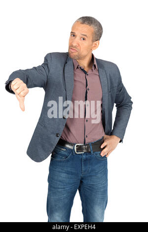 Handsome man doing different expressions in different sets of clothes: thumbs down Stock Photo