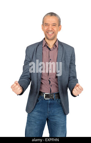 Handsome man doing different expressions in different sets of clothes: joy Stock Photo