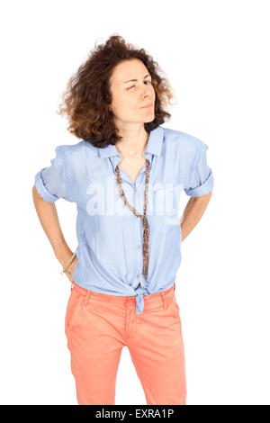 Beautiful woman doing different expressions in different sets of clothes: blinking Stock Photo