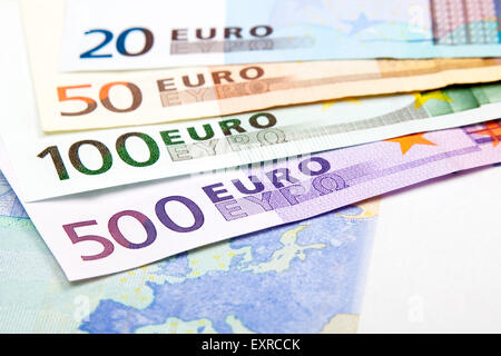 Various Euro denominations - 500, 100, 50 and 20 Stock Photo