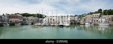 A panorama image of boats moored at Padstow harbour Padstow Cornwall UK Stock Photo