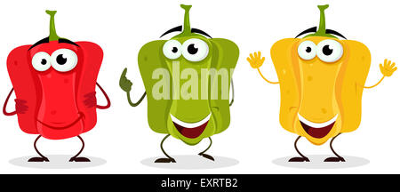 Illustration of a set of cartoon funnny happy belle pepper character, red, green and yellow Stock Photo