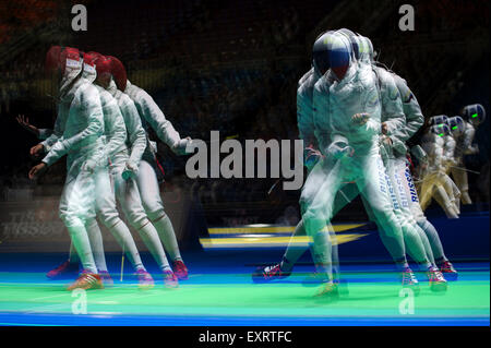 Moscow, Russia. 16th July, 2015. BOUBAKRI Ines of Tunisia and SHANAEVA Aida of Russia compete during the Women's foil Individual Fencing Classification. Day 4nd of the 2015 World Fencing Championships in Moscow, Russia. Credit:  Anna Sergeeva/ZUMA Wire/Alamy Live News Stock Photo