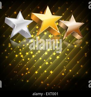 Golden, silver and bronze stars on abstract dark background. vector Stock Vector