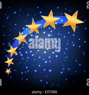 golden stars flying over blue night starry background. vector Stock Vector
