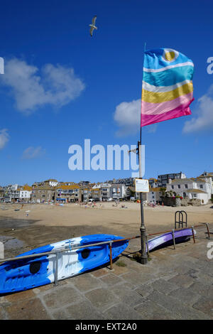 St Ives, Cornwall, UK: Brightly colored Flag flying on Smeaton's Pier in St Ives being trialled as a Seagull deterrent. Stock Photo