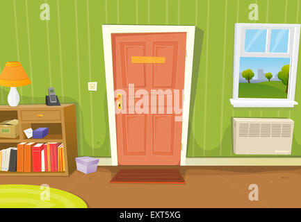 Illustration of a cartoon home interior with living room door entrance, various household objects and window opened on a spring Stock Photo