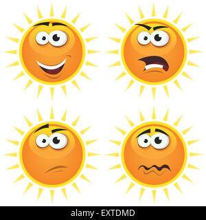 Illustration of a set of various cartoon funny sun symbol icons characters with various emotions, happy, angry, doubtful and sad Stock Photo