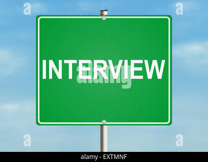 Interview. Road sign on the sky background. Raster illustration. Stock Photo