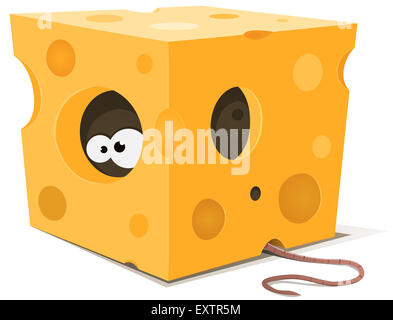 Illustration of funny cartoon mouse character's eyes eating from inside a piece of cheese with tail visible outside Stock Photo