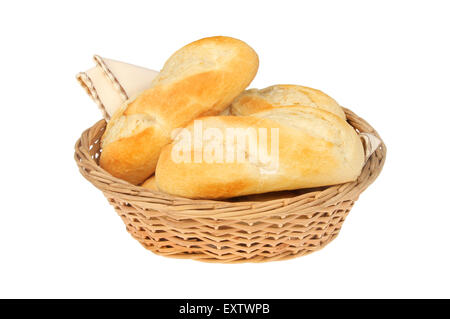 Baguettes in a wicker basket isolated against white Stock Photo