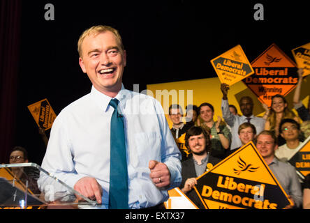 Islington Assembly Hall, London, July 16th 2015. The Liberal Democrats announce their new leader Tim Farron MP who was elected by party members in a vote against Norman Lamb MP. PICTURED: New Liberal Democrat leader Tim Faron addresses with his victory speech vowing to rebuild the party, Islington Assembly Hall. Credit:  Paul Davey/Alamy Live News Stock Photo