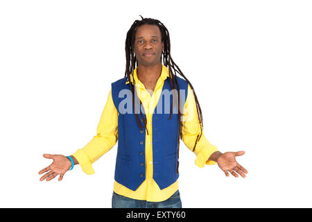 Handsome man with dreadlocks doing different expressions in different sets of clothes: welcome Stock Photo