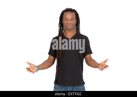 Handsome man with dreadlocks doing different expressions in different sets of clothes: welcome sign Stock Photo