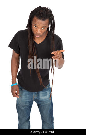 Young black man with dreadlocks laughing while holding his head ...