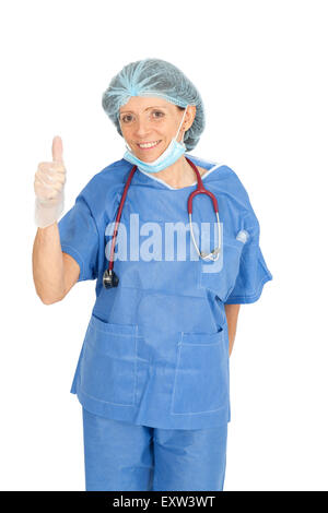 Beautiful doctor doing different expressions in different sets of clothes: thumbs up Stock Photo