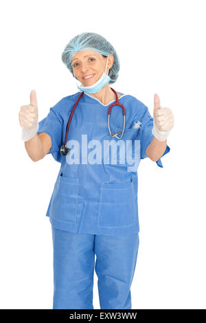 Beautiful doctor doing different expressions in different sets of clothes: thumbs up Stock Photo
