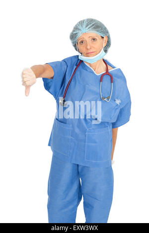Beautiful doctor doing different expressions in different sets of clothes: thumbs down Stock Photo
