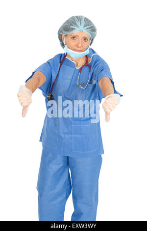 Beautiful doctor doing different expressions in different sets of clothes: thumbs down Stock Photo
