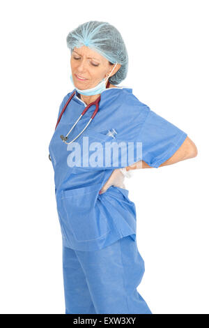 Beautiful doctor doing different expressions in different sets of clothes: backache Stock Photo