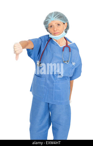 Beautiful doctor doing different expressions in different sets of clothes: thumbs down Stock Photo