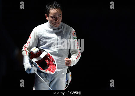 Moscow, Russia. 16th July, 2015. Yuki Ota of Japan reacts after beating Alexandre Massialas of the United States during men's foil final at World Fencing Championships in Moscow, Russia, July 16, 2015. © Pavel Bednyakov/Xinhua/Alamy Live News Stock Photo