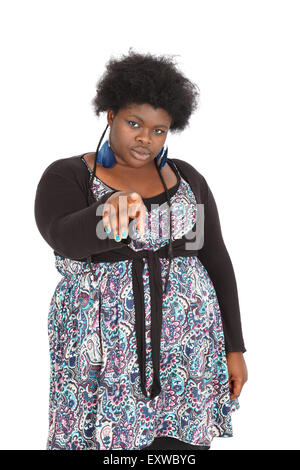 Beautiful black woman doing different expressions in different sets of clothes: pointing Stock Photo