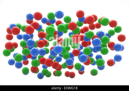 Red green and blue balls floating on a white background. A 3D rendering. Stock Photo
