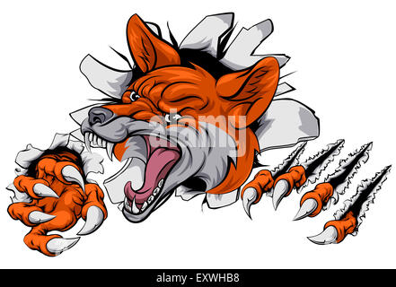 An illustration of a fox animal sports mascot cartoon character tearing through background Stock Photo