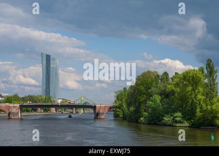 Eurotower and old bridge Muellermain, Frankfurt am Main, Hesse, Germany, Europe Stock Photo