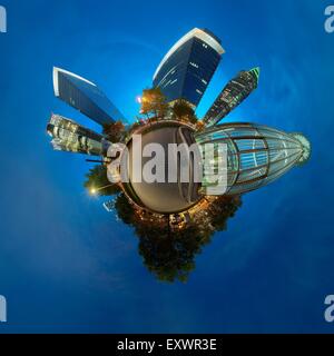 Skyscrapers in the evening, Frankfurt am Main, Germany, tiny planet photography Stock Photo