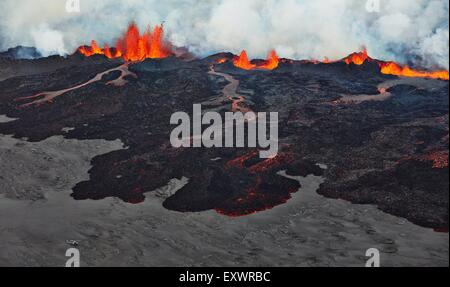 Volcano Bardarbunga, view on eruption at lava field Holuhraun at Sept 2nd 2014, Iceland Stock Photo