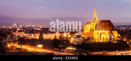 Illuminated cityscape with Erfurt Cathedral Stock Photo