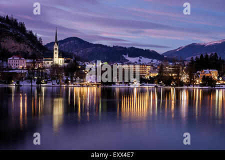 Lake Bled and illuminated waterfront Stock Photo