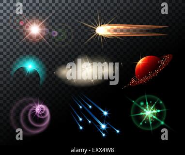 Glowing lights, stars, sparkles and comets on transparent background. Stock Vector