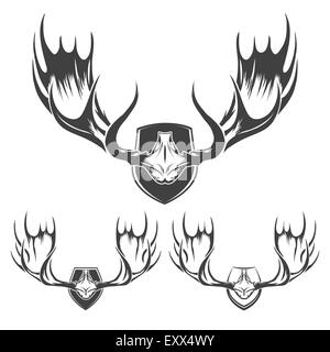 Moose or elk horns. Engraving style. Monochrome isolated on white. Stock Vector