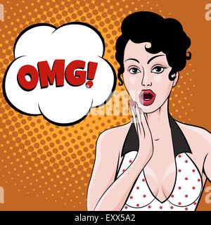 Surprised or dazed young girl with black eyes in polka dot dress and thought bubble with lettering OMG. Comic Pop Art Style. Stock Vector