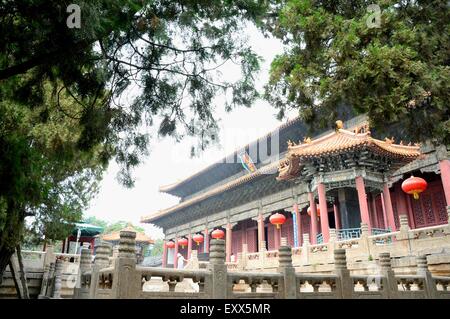 (150717) -- TAI'AN , July. 17, 2015 (Xinhua) --  Tourists appreciate Tiankuang Hall, the main structure of Dai Temple at the foot of Mount Tai in Tai'an, east China's Shandong Province, July 17, 2015. Dai Temple, a popular tourist spot, was first built in Han Dynasty (BC.206-220)  for ancient emperors to enshrine 'God of Mount Tai' and to hold worship ceremonies. (Xinhua/Feng Jie) (xcf) Stock Photo
