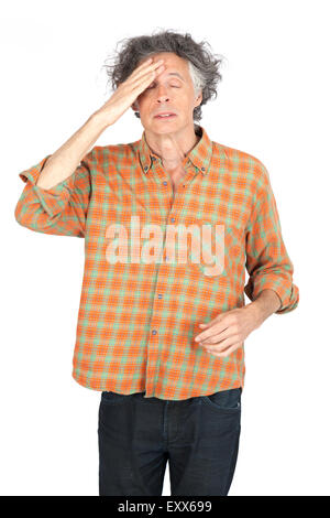 Handsome man doing different expressions in different sets of clothes: headache Stock Photo