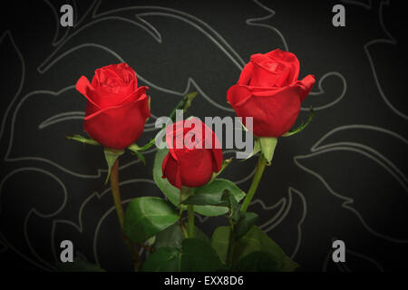 Three red roses over black backround Stock Photo