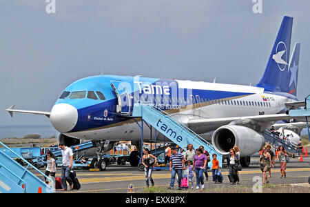 Airbus A320-233 of Tame airlines landed Baltra airport Galapagos Ecuador Stock Photo