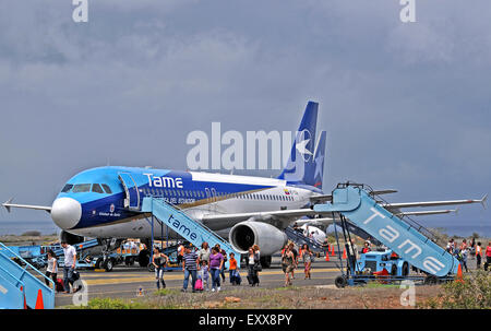 Airbus A320-233 of Tame airlines landed Baltra airport Galapagos Ecuador Stock Photo